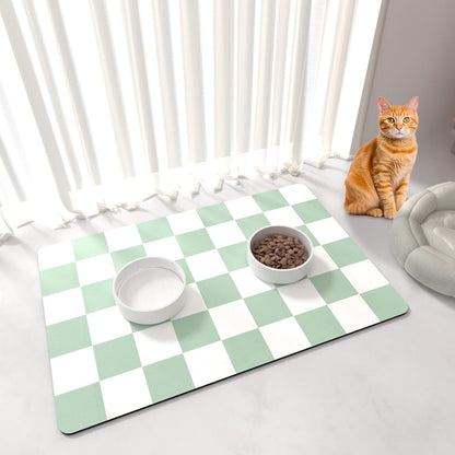 Cat Food Mat - 12"x 20" Cat Dog Mats for Food and Water Bowl, Checkered Pet Placemat Feeding Mat