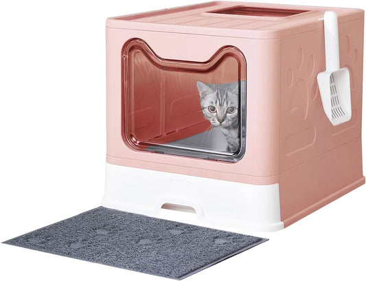 Cat Litter Box with Litter Mat and Scoop, Large Foldable Litter Box with Lid, Front Entry Top Exit