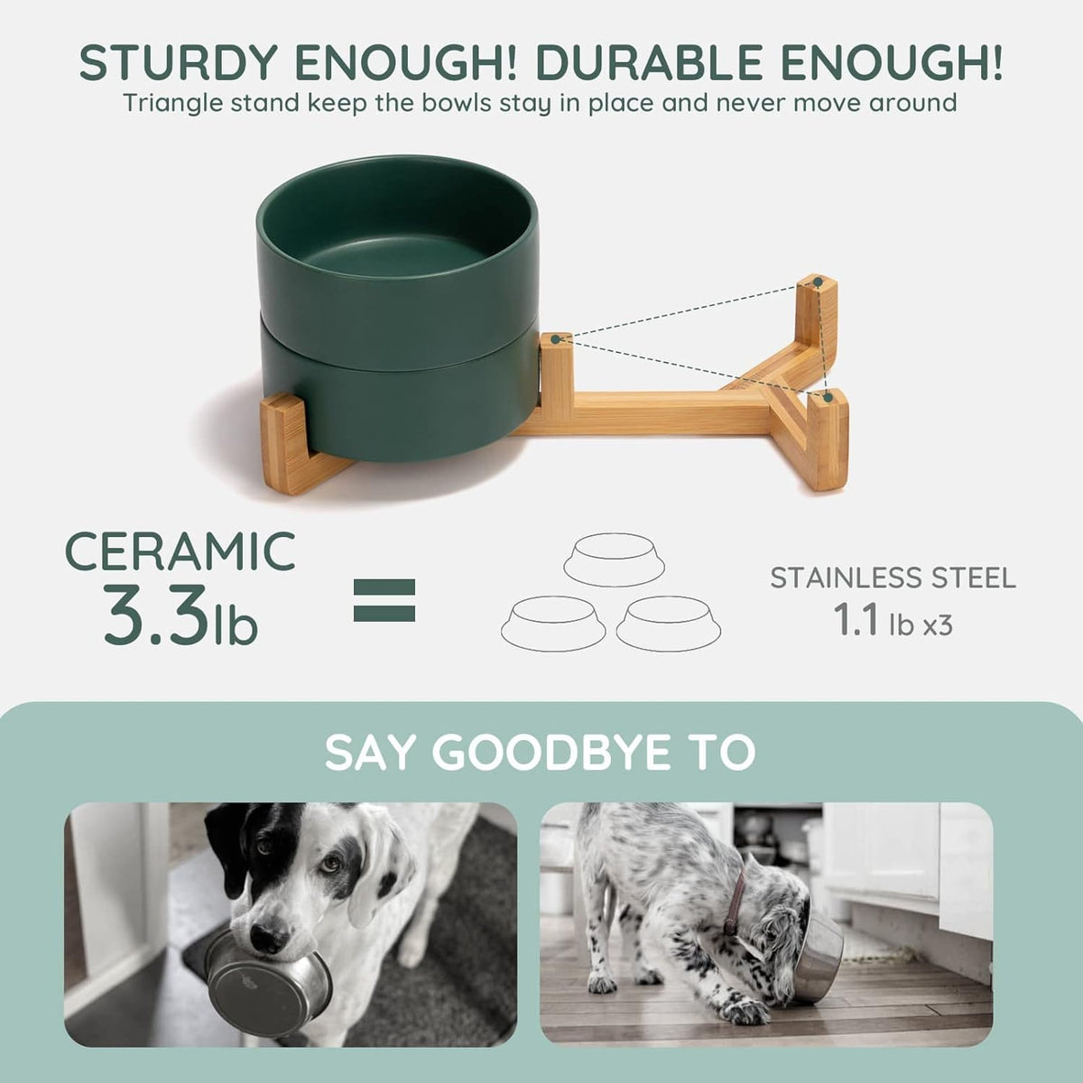 SPUNKYJUNKY Ceramic Dog and Cat Bowl with Wood Stand Non-Slip Matte Glaze Weighted Food Water Set