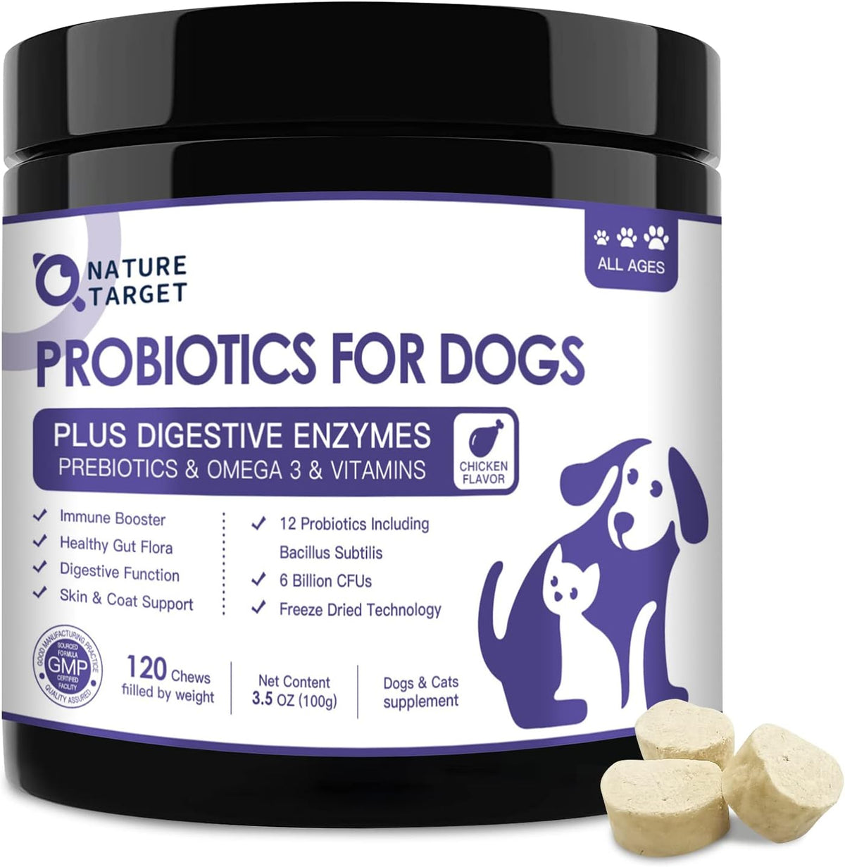 NATURE TARGET Probiotics for Dogs, 6 Billion Freeze Dried Dog Probiotics with Prebiotics & Enzymes