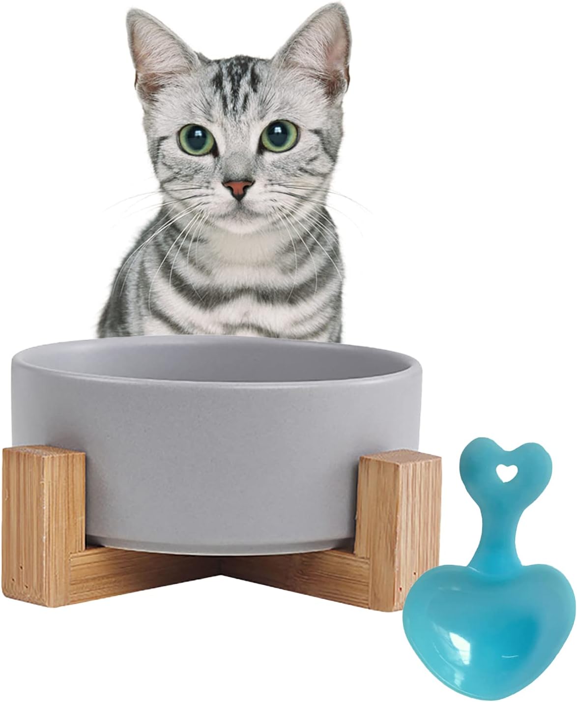 Ceramic Dog Cat Bowl with Wood Stand,Cat Food & Water Bowls Elevated Non-Spill Modern Cute Kitty