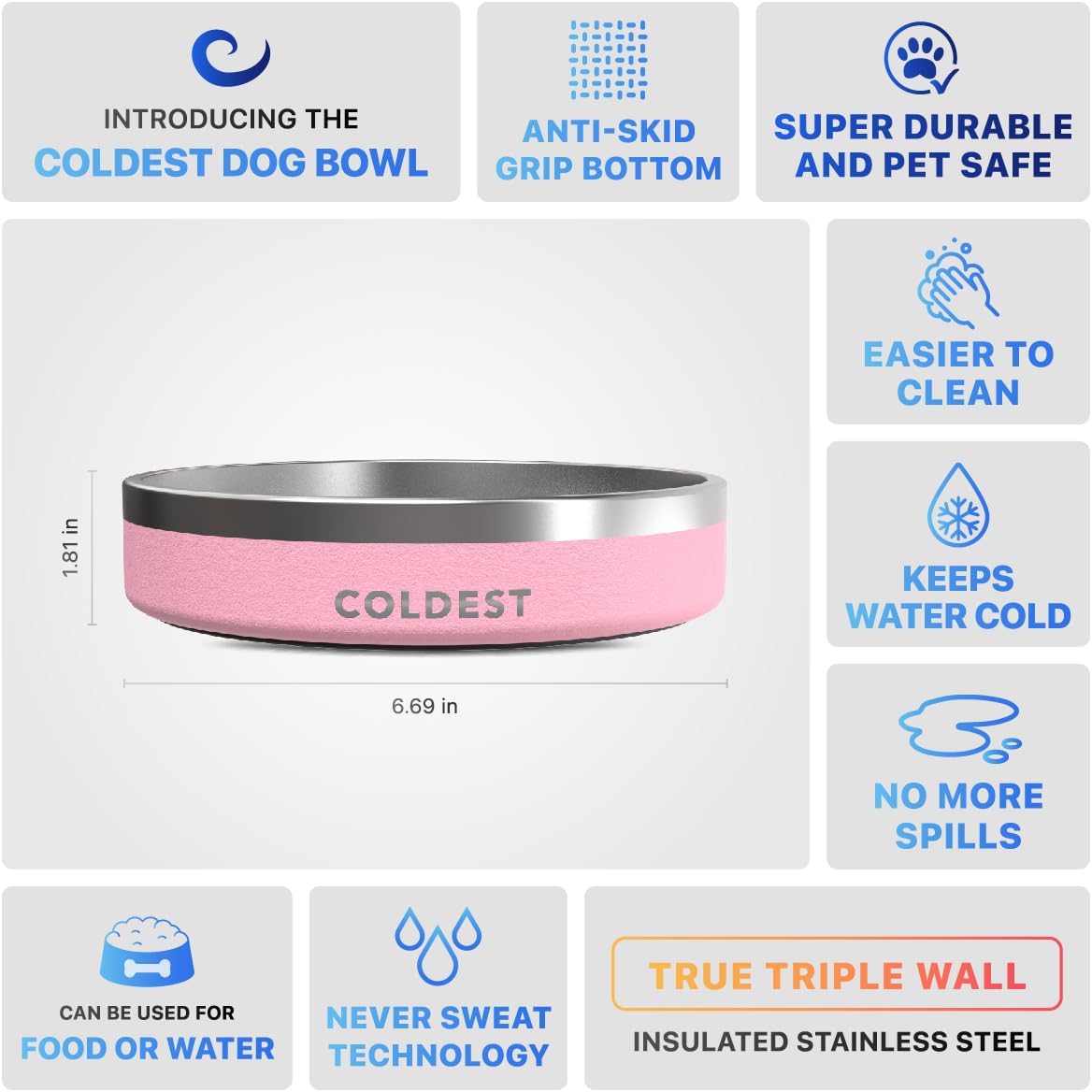 Coldest Dog Bowl - Anti Rust Metal, Non Slip, 3 Layers Insulated Stainless Steel Dog Bowls - Spill