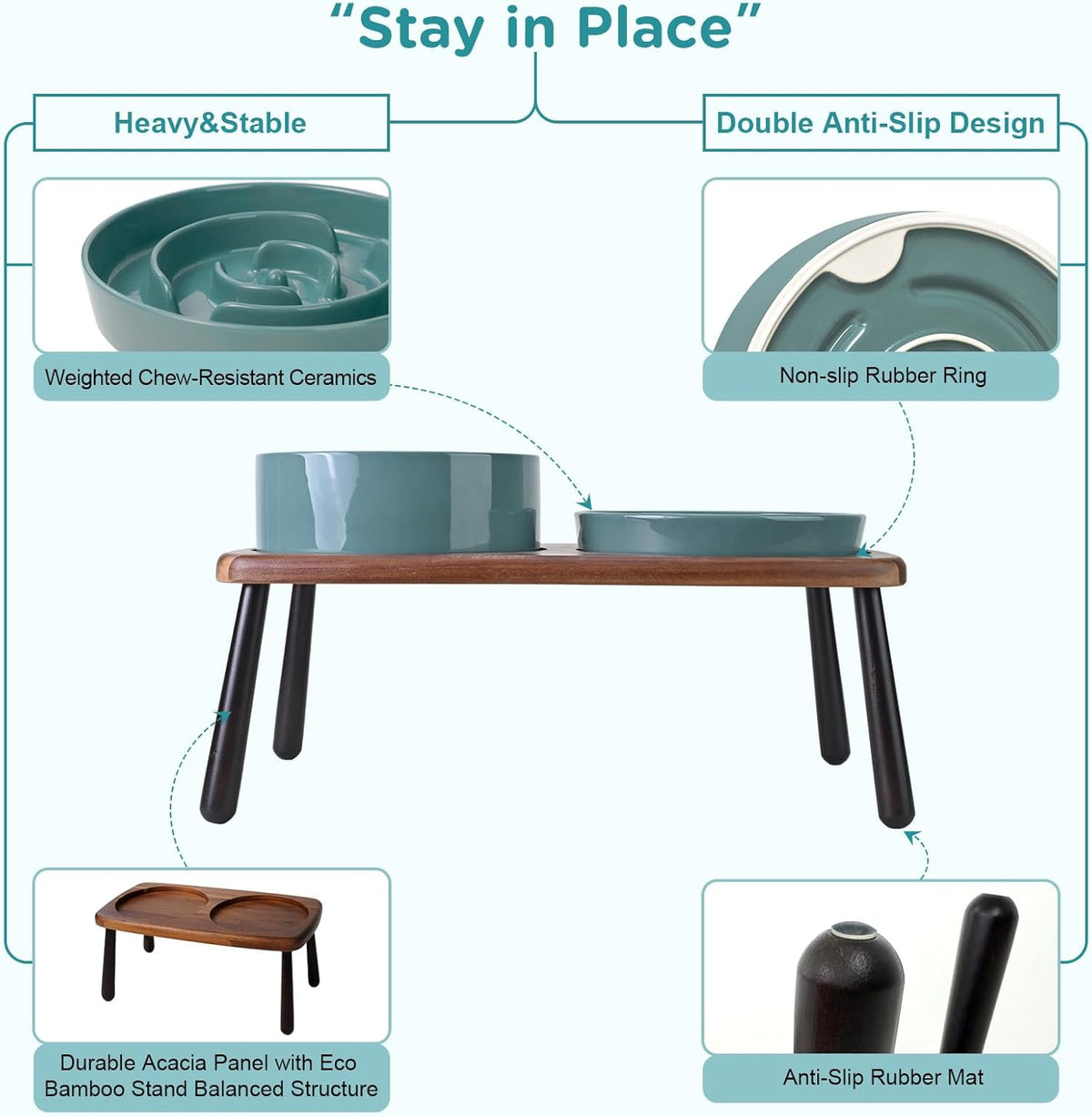 SPUNKYJUNKY Ceramic Elevated Dog Bowls with Slow Feeder Raised Acacia Bamboo Wooden Stand, 8.3''