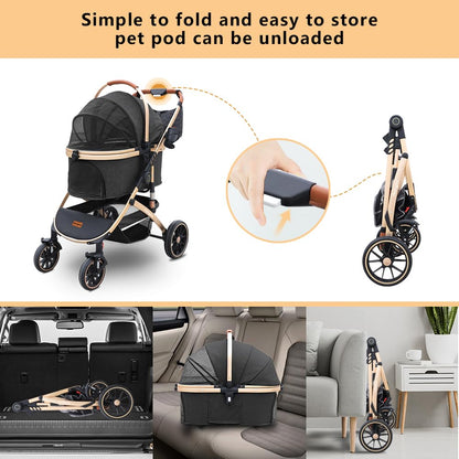 Pettingzoo Dog stroller with 4 Wheels, Folding Cat Stroller for Small/Medium/Large dogs & cats to