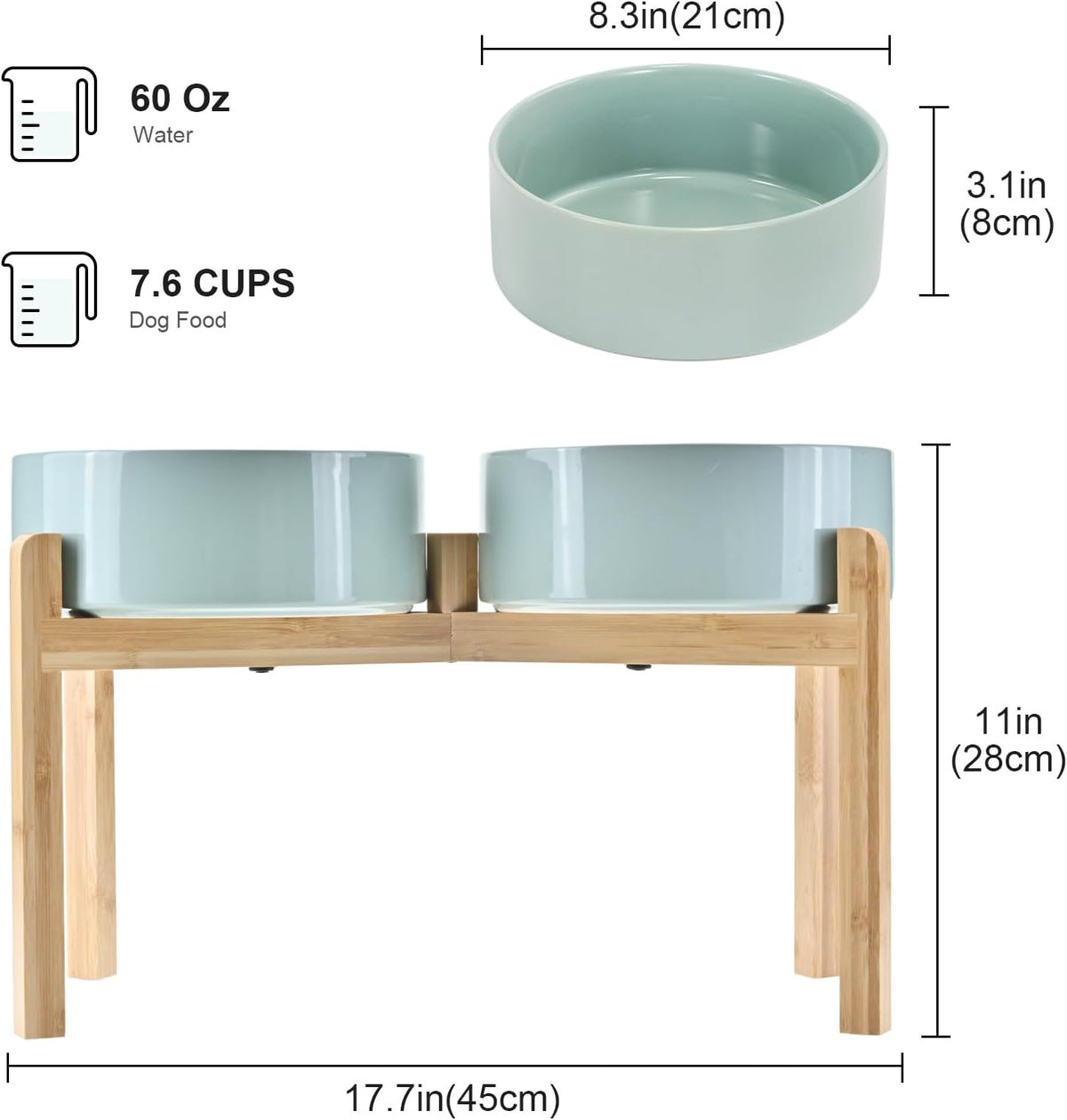 SPUNKYJUNKY Elevated Dog Bowls Ceramic, 8.3'' Dogs Food Water Bowls Raised with Non-Slip Bamboo