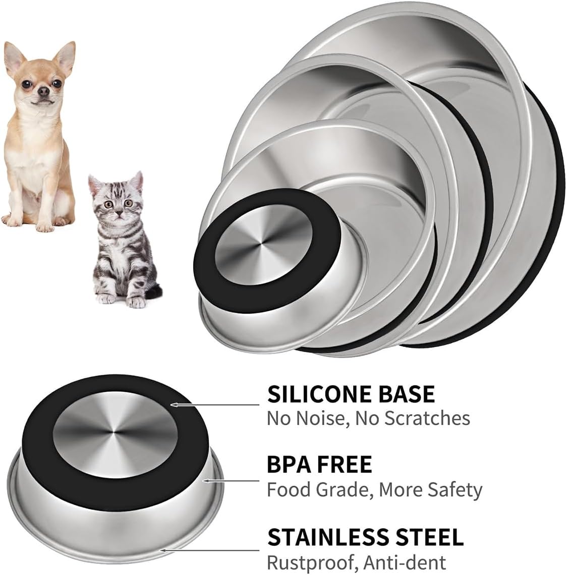 Taglory 2 Cup Stainless Steel Dog Bowls Set of 2 for Food and Water, Silicone Base Anti-Slip, Rust