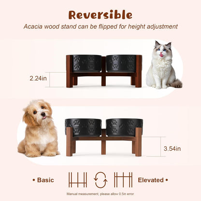 SPUNKYJUNKY Ceramic Elevated Dog Bowl Set with Acacia Wood Stand for Food and Water for Small