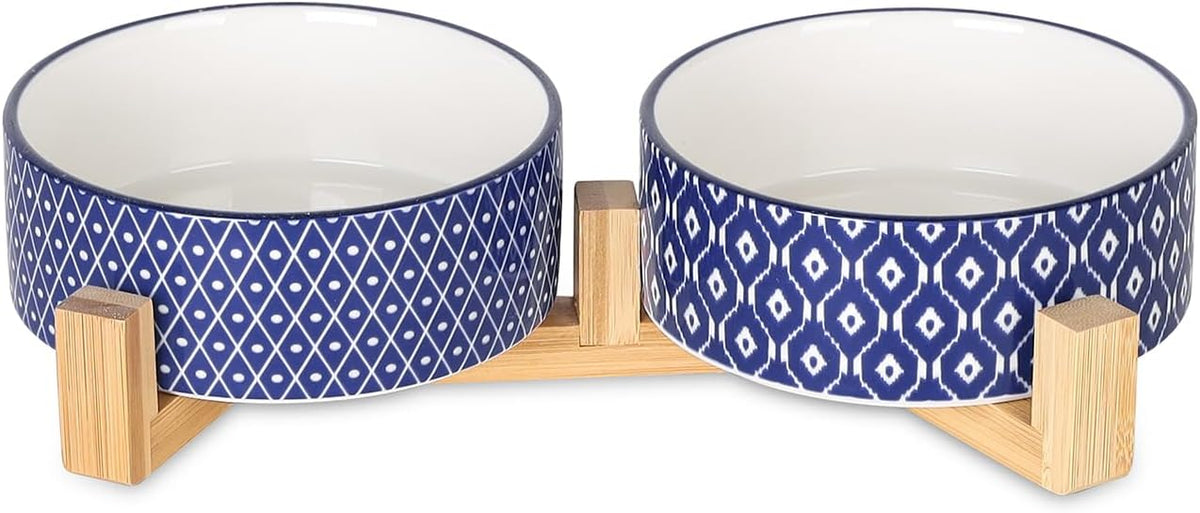 Selamica Ceramic 14 OZ Dog Bowls with Wooden Stand, Anti-Slip Dog Dishes Set for Cats & Small Dogs