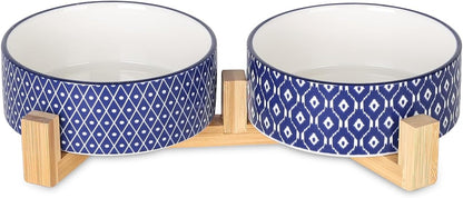 Selamica Ceramic 14 OZ Dog Bowls with Wooden Stand, Anti-Slip Dog Dishes Set for Cats & Small Dogs
