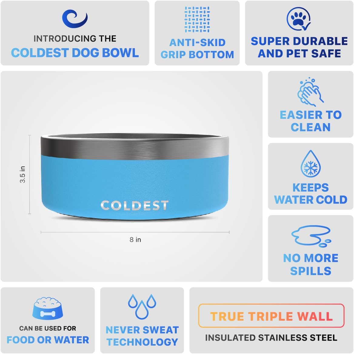 Coldest Dog Bowl - Anti Rust Metal, Non Slip, 3 Layers Insulated Stainless Steel Dog Bowls - Spill