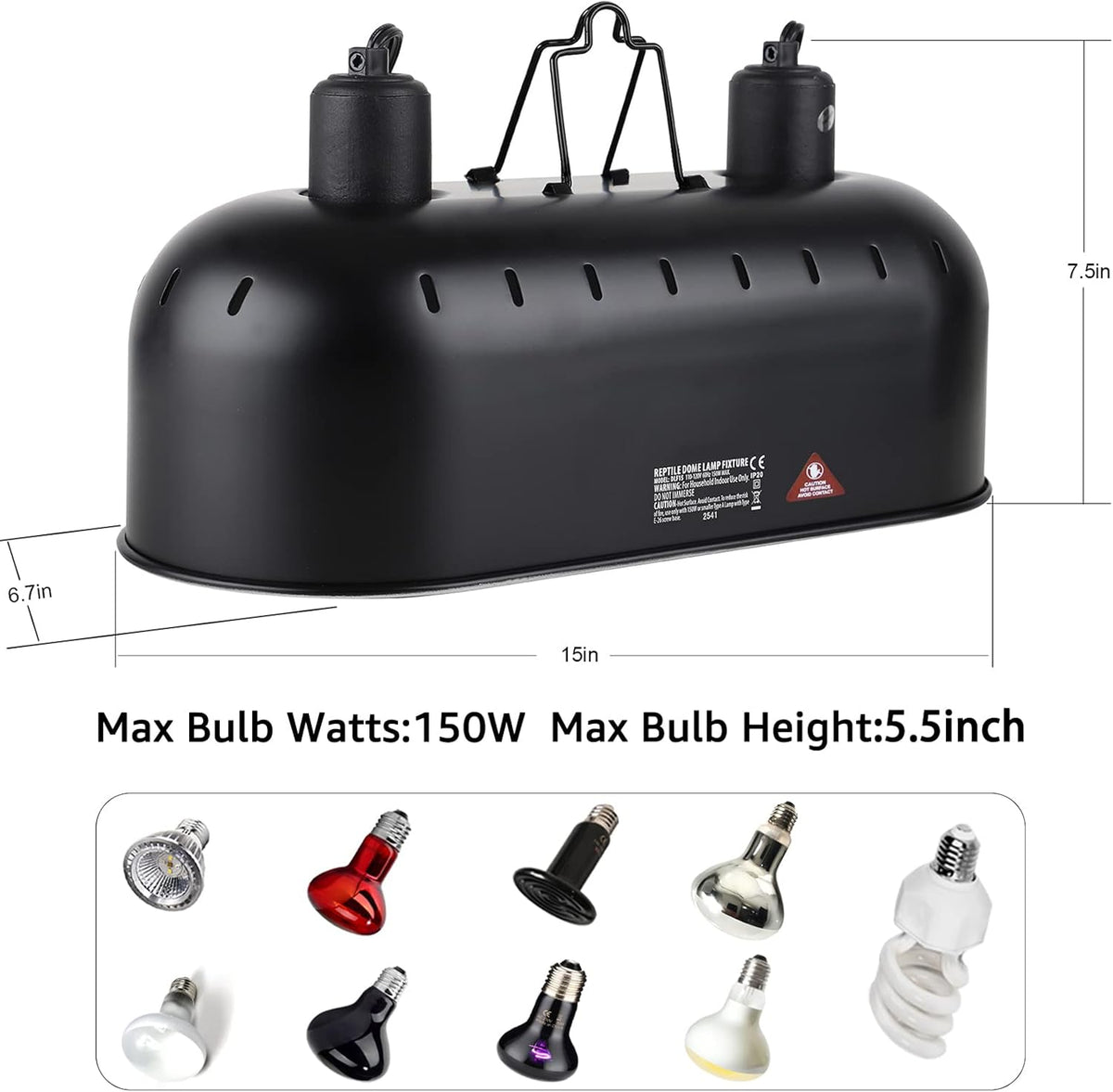 15inch Dual Reptile Light Fixture, Max 150W Dual Reptile Heat Lamp Fixture with 100W Basking Spot