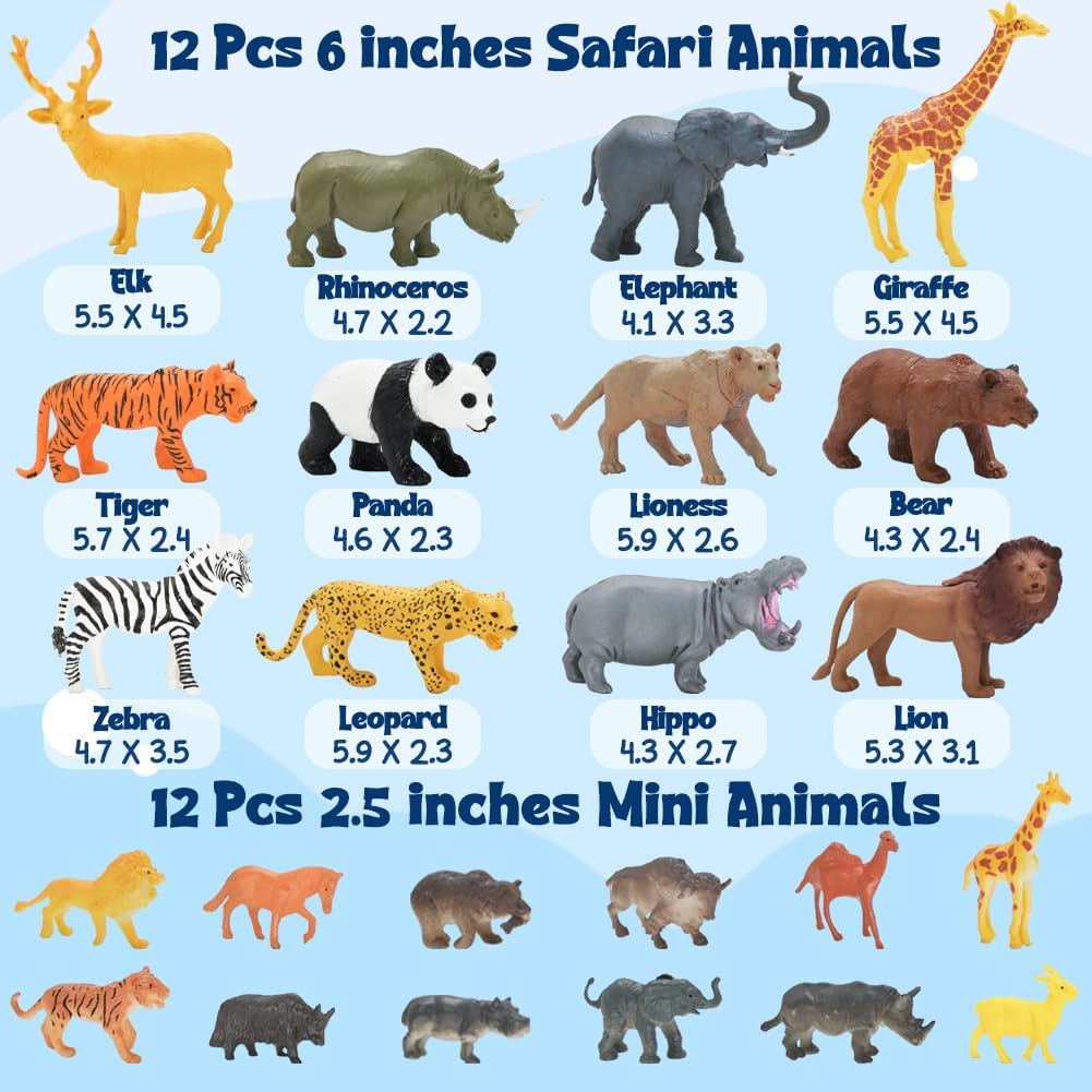 24Pcs Safari & Zoo Animals Figures, Realistic Plastic Animal Toys Set for Kids 1 2 3, Lion