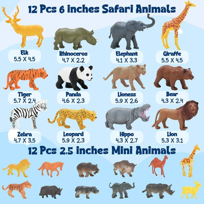 24Pcs Safari & Zoo Animals Figures, Realistic Plastic Animal Toys Set for Kids 1 2 3, Lion
