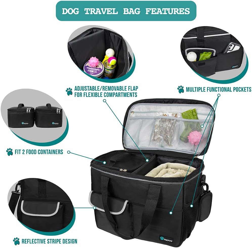 PetAmi Travel Bag Organizer - Dog & Cat Diaper Bag with Food Container, Bowls & Accessories for