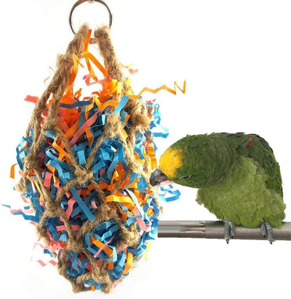 Bird Jute Paper Strips Parrot Mesh Bag Hanging Chewing Toy for Parakeet Cockatiel Conure Cockatoo