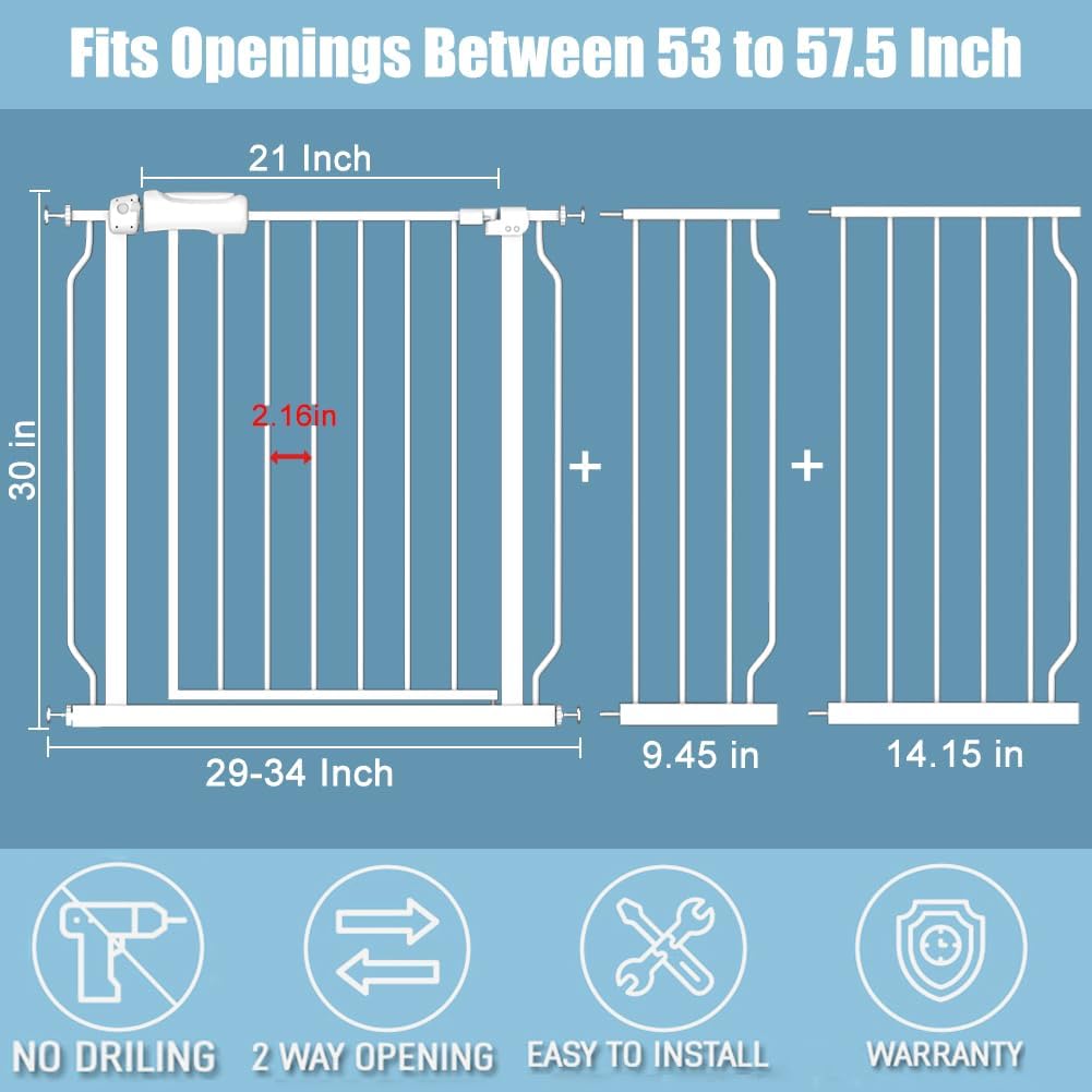White Extra Wide Baby Gate 53-57.5 inch for Doorways Stairs Pressure Mount Baby Gate Automatic