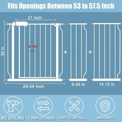White Extra Wide Baby Gate 53-57.5 inch for Doorways Stairs Pressure Mount Baby Gate Automatic