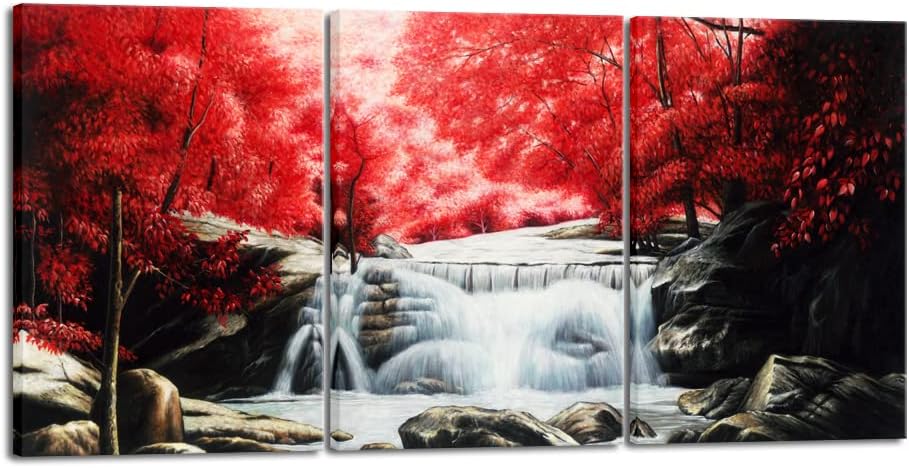 Wieco Art 3 Piece Red Forest Waterfalls Canvas Prints Wall Art for Living Bedroom Room Home