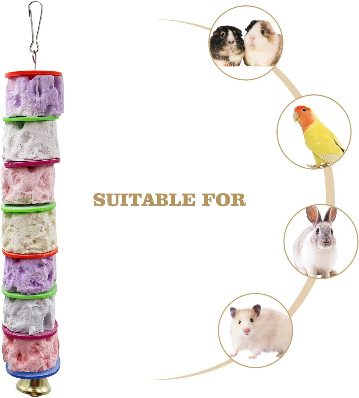 Large Bird Chewing Toy, Colorful Parrot Beak Grinding Calcium Stone with Bells, Bird Cage