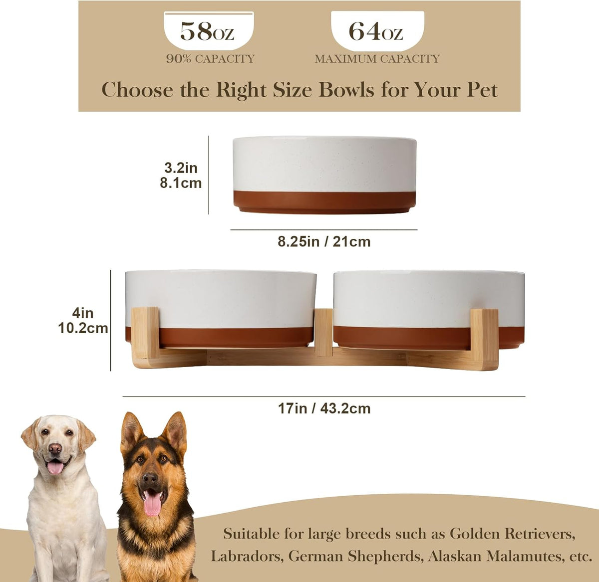 MALACASA Dog Bowls, Ceramic Dogs Bowls with Wood Stand Non-Slip, 6 Cups or 58 oz Capacity Dog Water