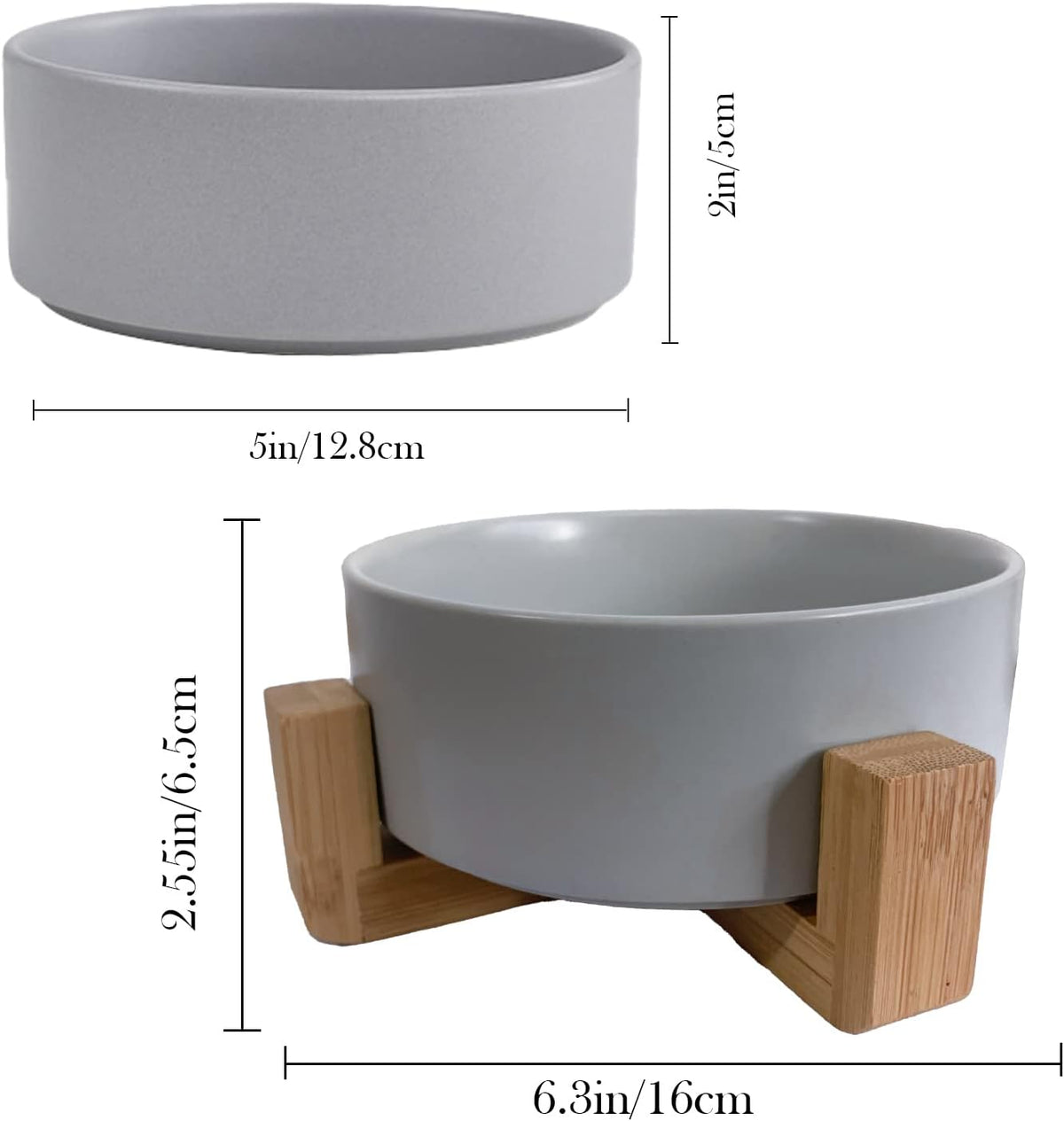 Ceramic Dog Cat Bowl with Wood Stand,Cat Food & Water Bowls Elevated Non-Spill Modern Cute Kitty