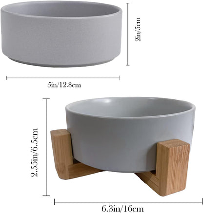 Ceramic Dog Cat Bowl with Wood Stand,Cat Food & Water Bowls Elevated Non-Spill Modern Cute Kitty