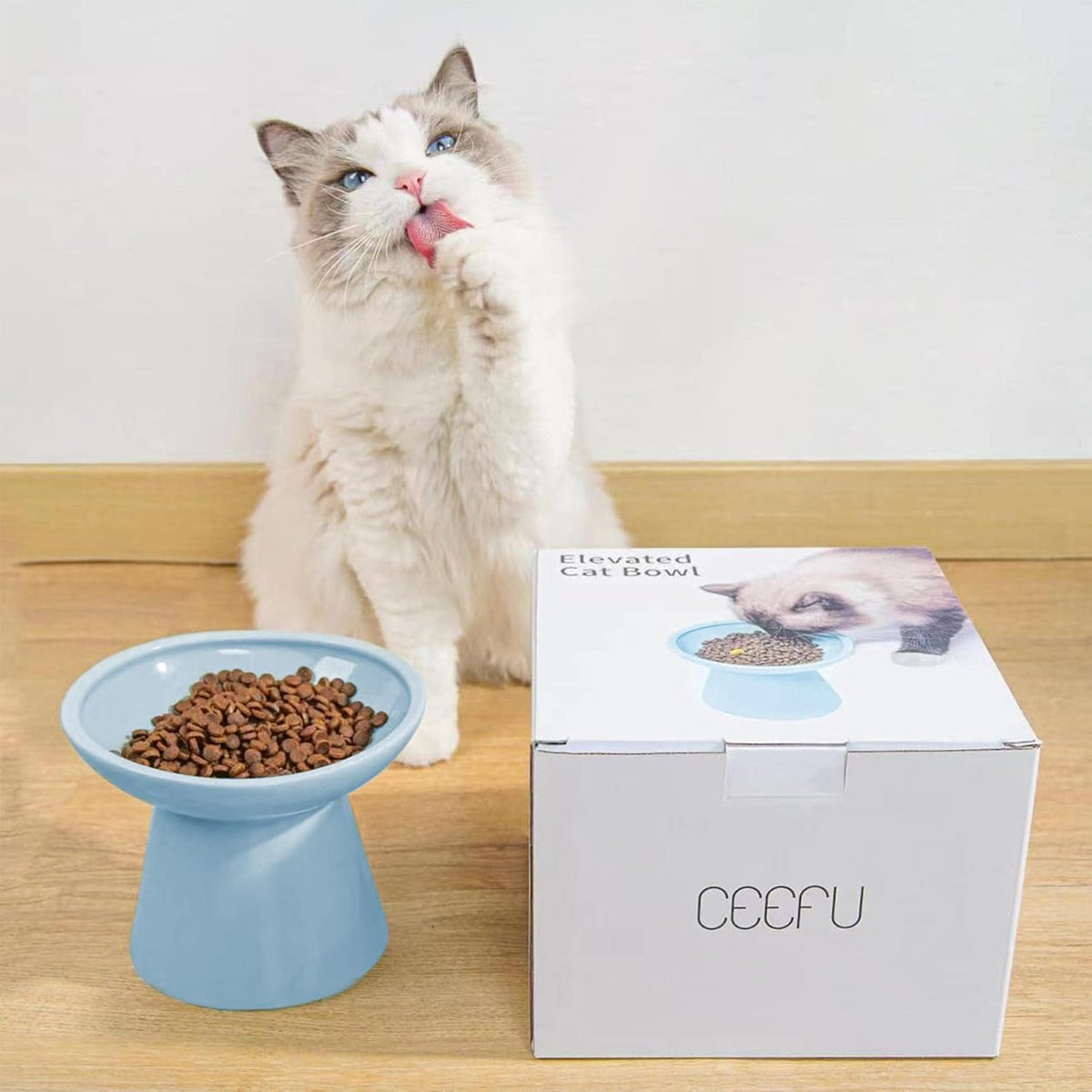 Extra Wide Elevated Ceramic Cat Food Bowl - 6.2" Shallow Dish for Whisker Fatigue Relief, 5" Height