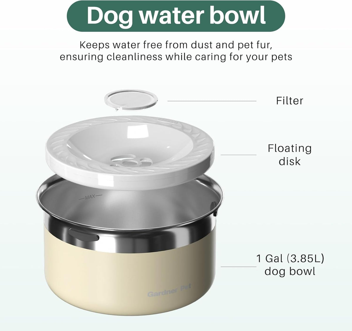 Gardner Pet Dog Bowls 1 Gallon (3.85L) Stainless Steel No Spill Water Bowl, Slow Water Feeder Metal
