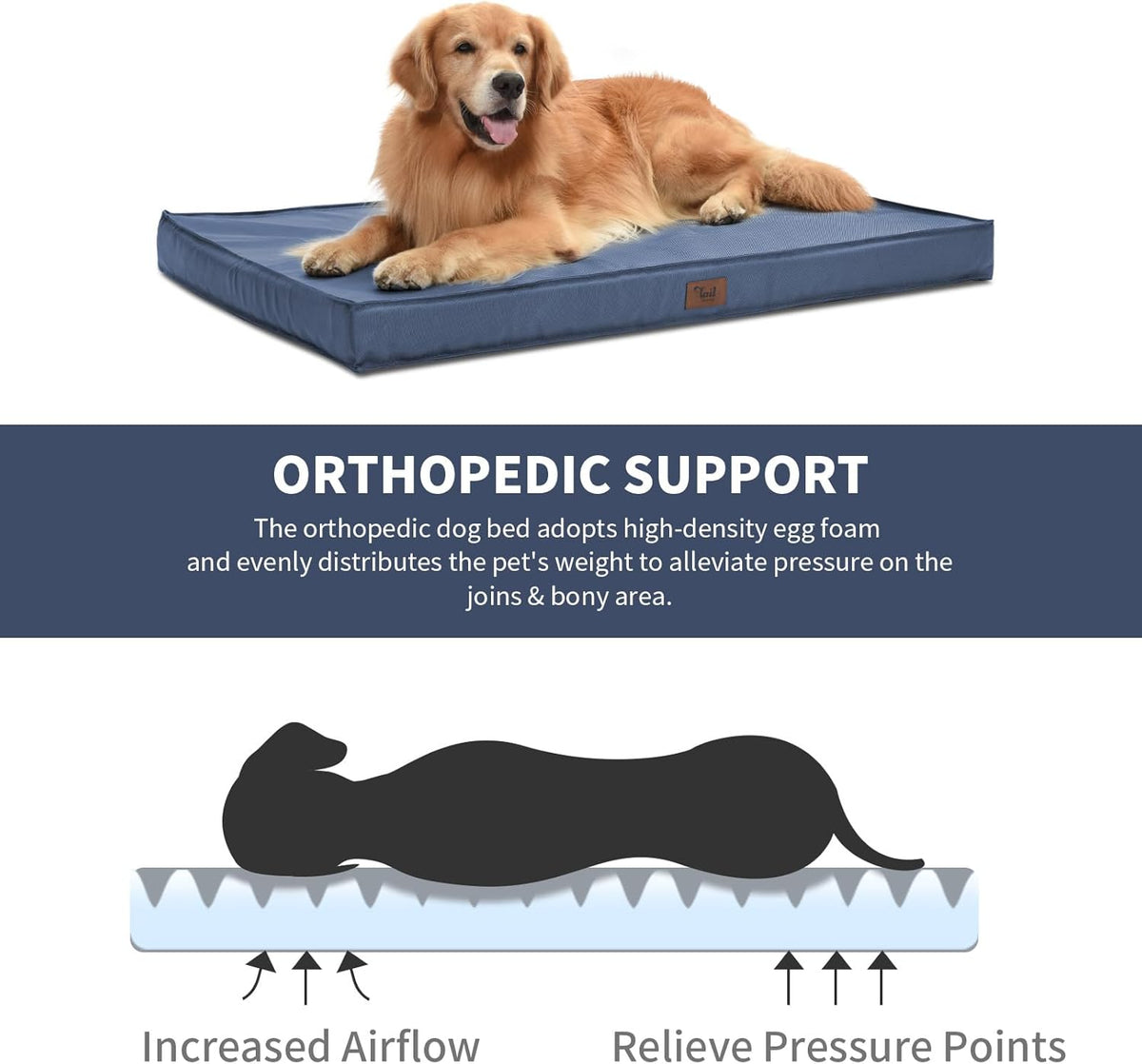Outdoor Large Dog Bed, Waterproof Dog Bed for Large Dogs, Egg Crate Foam Pet Bed with Removable