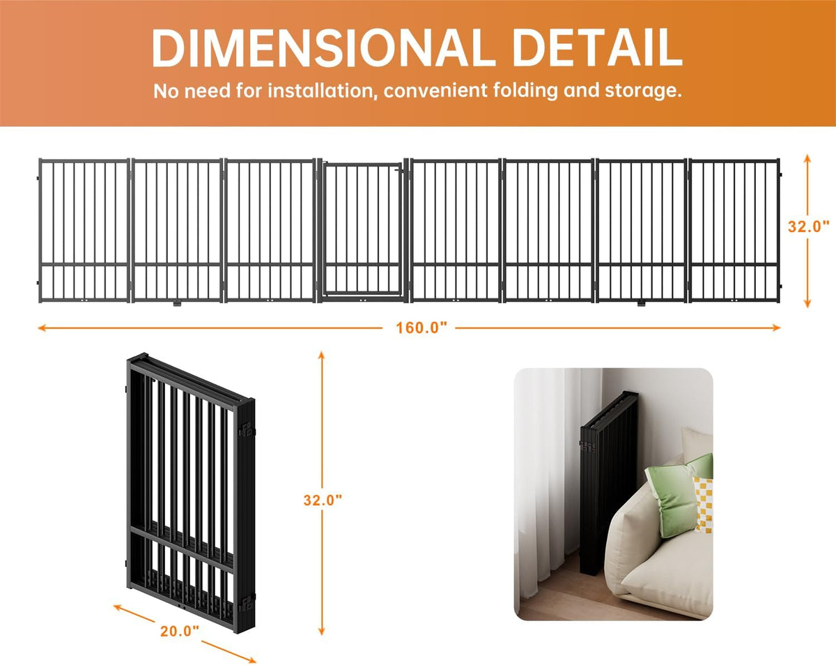 Full Metal Freestanding Dog Gate with Door, 32''Height Foldable Pet Dog Fence for Indoor & Outdoor