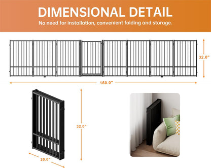 Full Metal Freestanding Dog Gate with Door, 32''Height Foldable Pet Dog Fence for Indoor & Outdoor