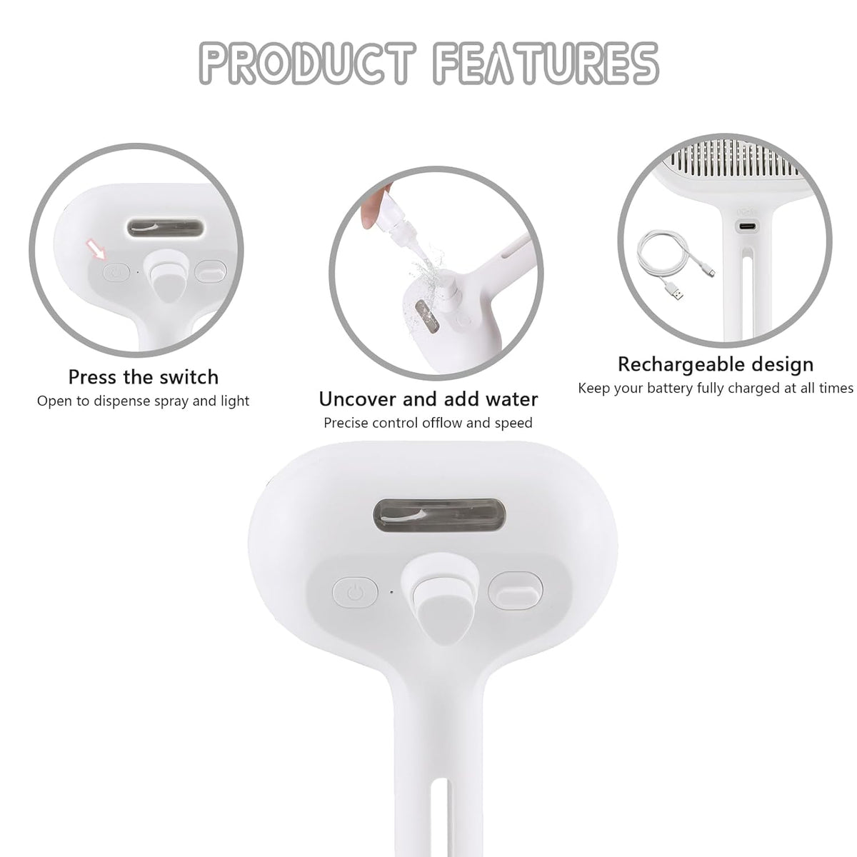 Spray Cat Pet Grooming Brush with Water Sprayer - Hair Removal Comb for Cats and Dogs, White