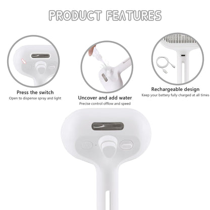 Spray Cat Pet Grooming Brush with Water Sprayer - Hair Removal Comb for Cats and Dogs, White