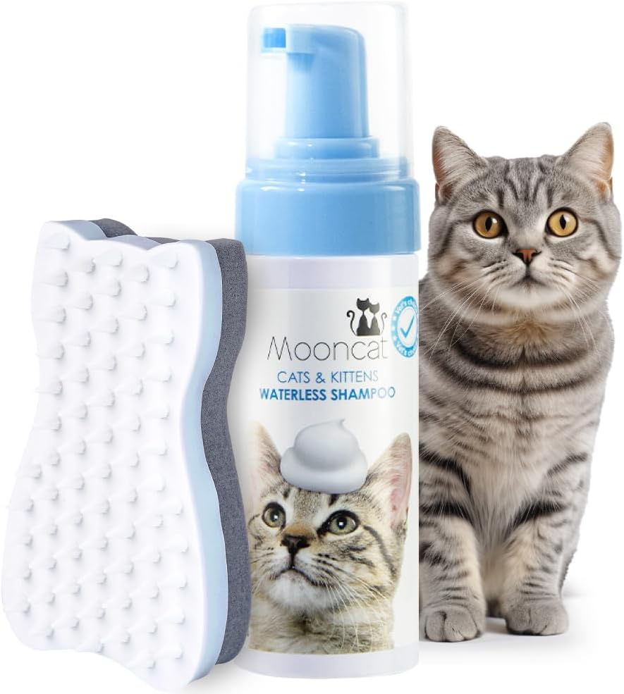 Mooncat Waterless Cat Shampoo+Cat Brush, Licking Safe Dry Shampoo for Cats, No Rinse Foam Cat Bath