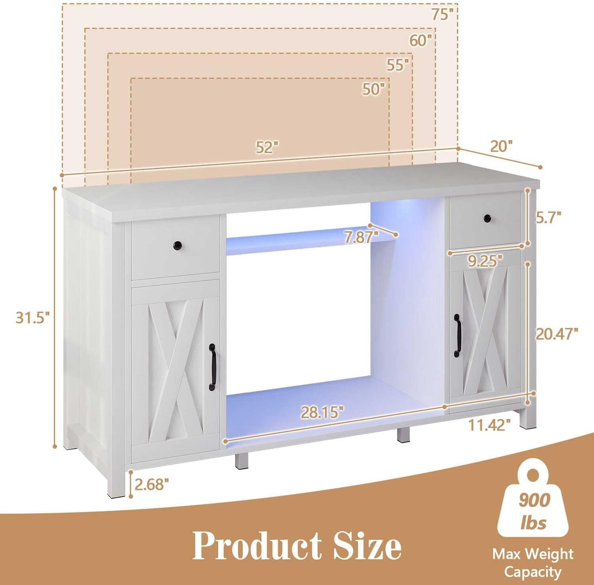 75 Gallon Fish Tank Stand with LED Light & Power Outlets, 55-75 Gallon Aquarium Stand with 2