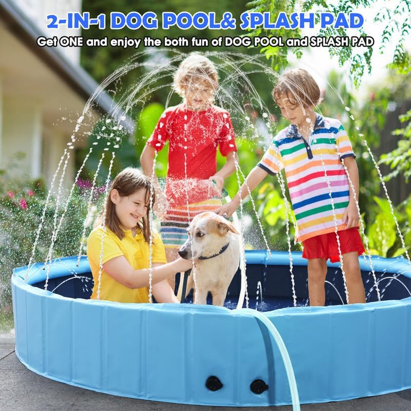 71" Large Dog Pool with Sprinkler, 2-in-1 Foldable Swimming Pool Non-Slip Hard Plastic Splash