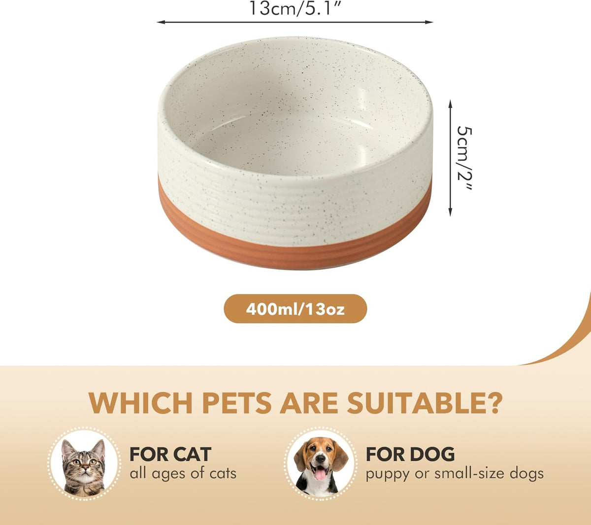 Ceramic 5.1inch Set of 2 Dog and Cat Bowls for Puppy, Kitty, Cats, 2pcs Anti-Slip Food and Water