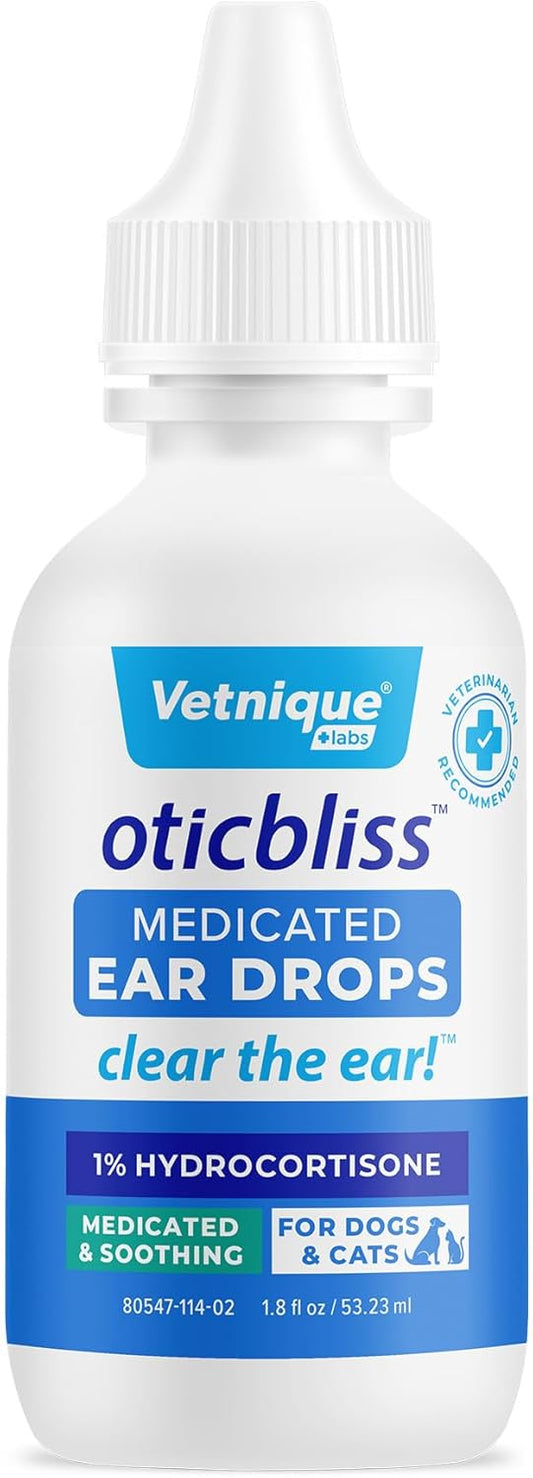 Vetnique Oticbliss Medicated Cat & Dog Ear Cleaner Drops - Dog Ear Infection Treatment with 1%