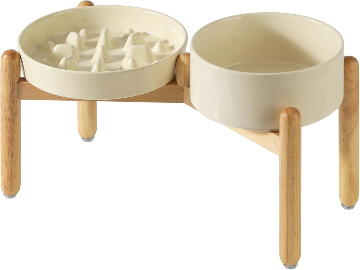Ceramic Raised Slow Feeder Dog Bowl Set, Elevated 7.3inch Bowl and 8.2inch Slow Pet Food Dish with