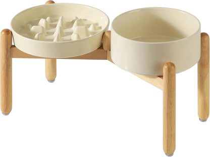 Ceramic Raised Slow Feeder Dog Bowl Set, Elevated 7.3inch Bowl and 8.2inch Slow Pet Food Dish with