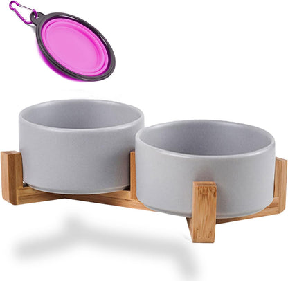 Petygooing Dog Bowls,Grey Ceramic Cat Dog Bowl Set with Wood Stand for Food and Water,Non-Slip Cute