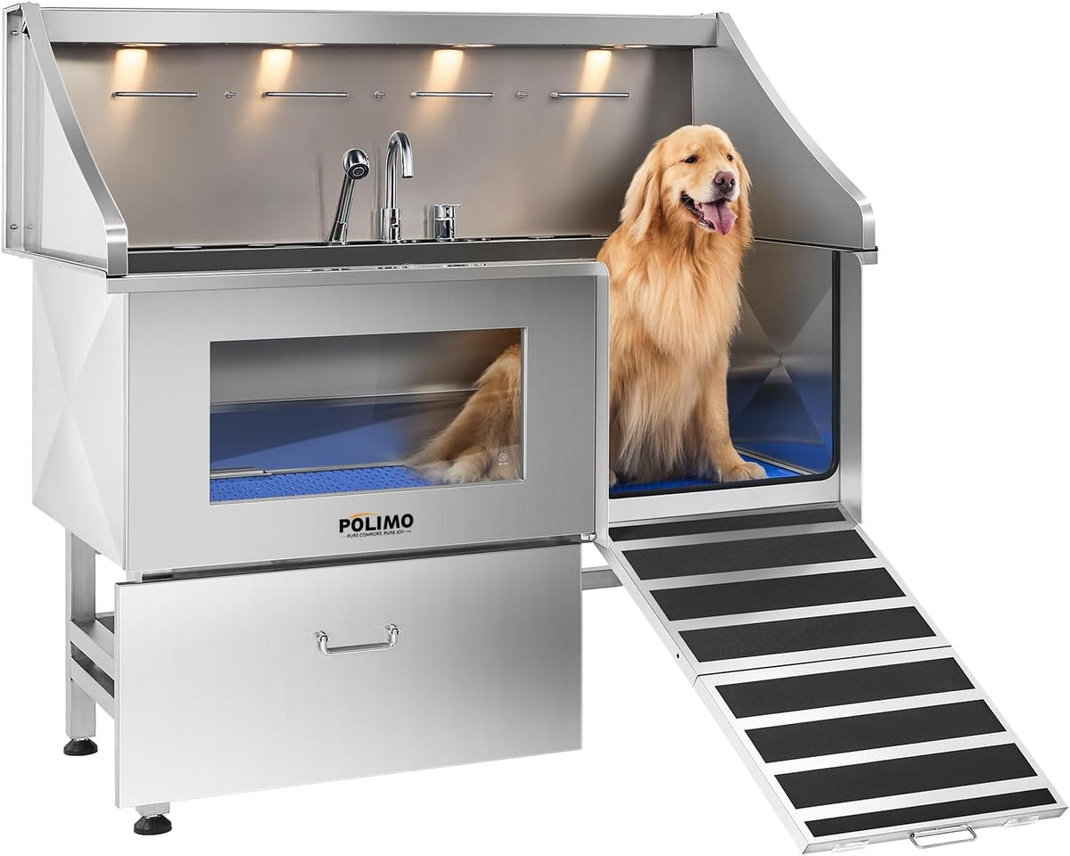 POLIMO Dog Washing Station, LED Professional Stainless Steel Dog Bathing Station 61", Dog Grooming