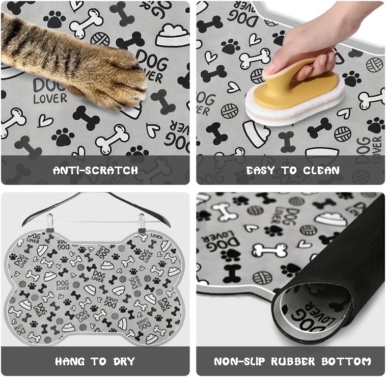 Dog Food Mats for Floors Waterproof, Pet Feeding Absorbent Water Bowl Mat Cat Placemats Gray Bone