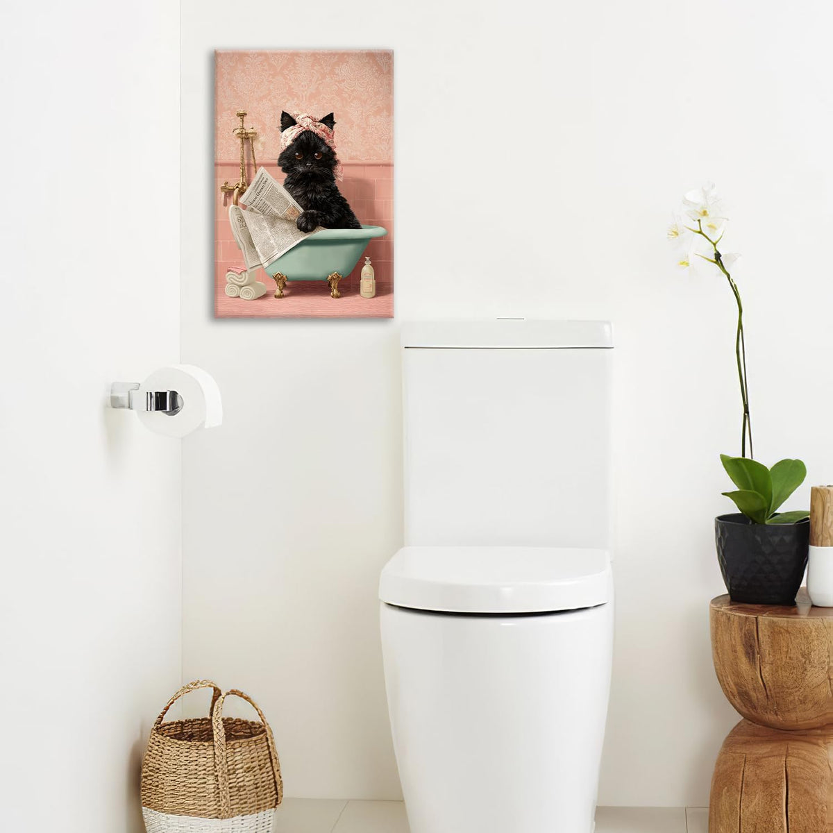 Cat Bathroom Wall Decor Black Cat Reading Newspaper in Bathtub Canvas Wall Art Funny Bathroom