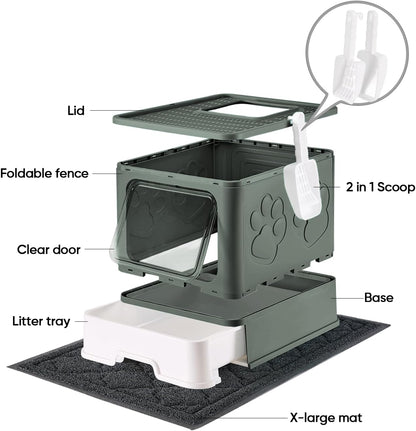 Cat Litter Box with X-Large Litter Mat and Scoop, Large Foldable Litter Box with Lid, Enclosed