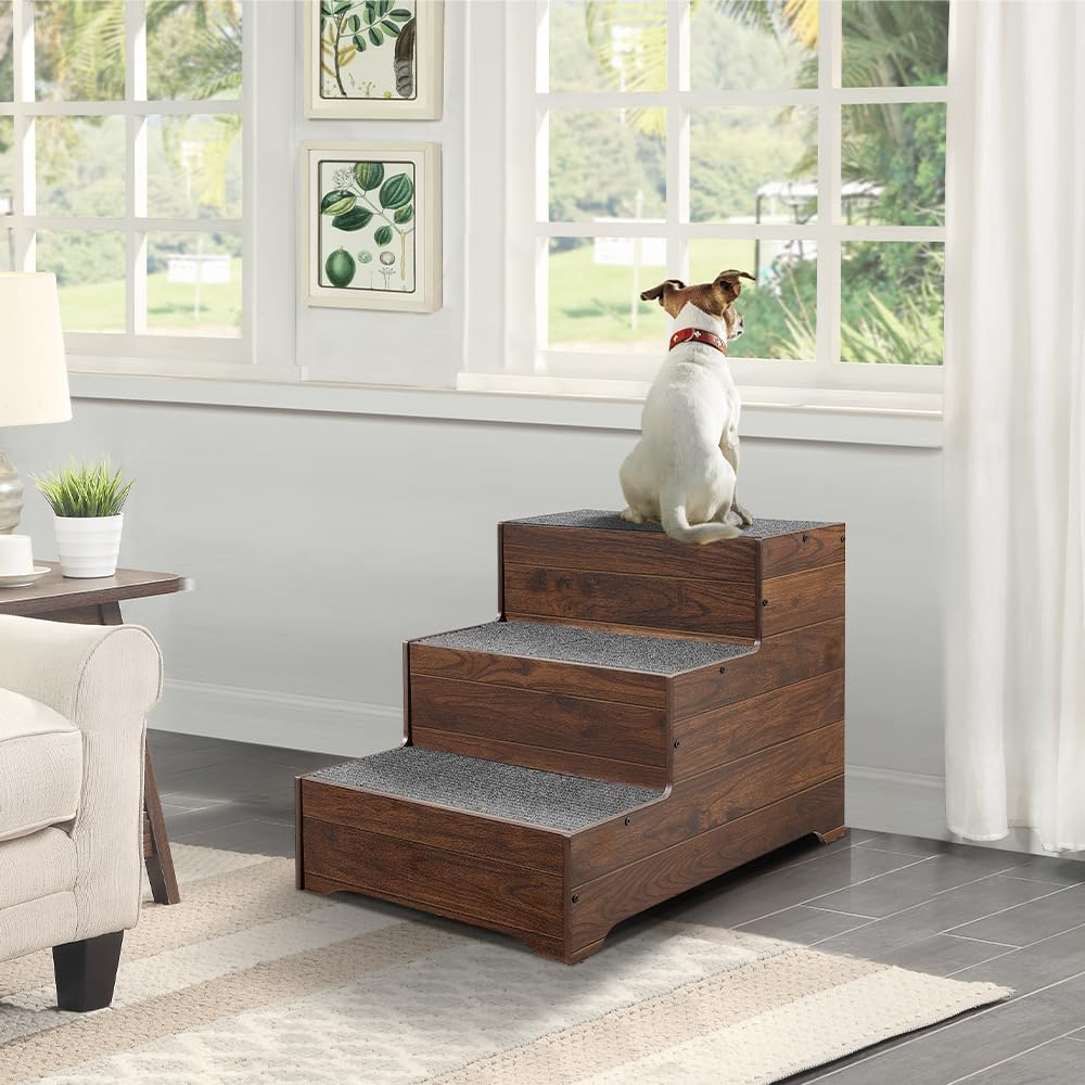 beeNbkks Dog Stairs Furniture, Extra Wide Wooden Pet Steps for Medium Large Dogs and Cats, Non-Slip