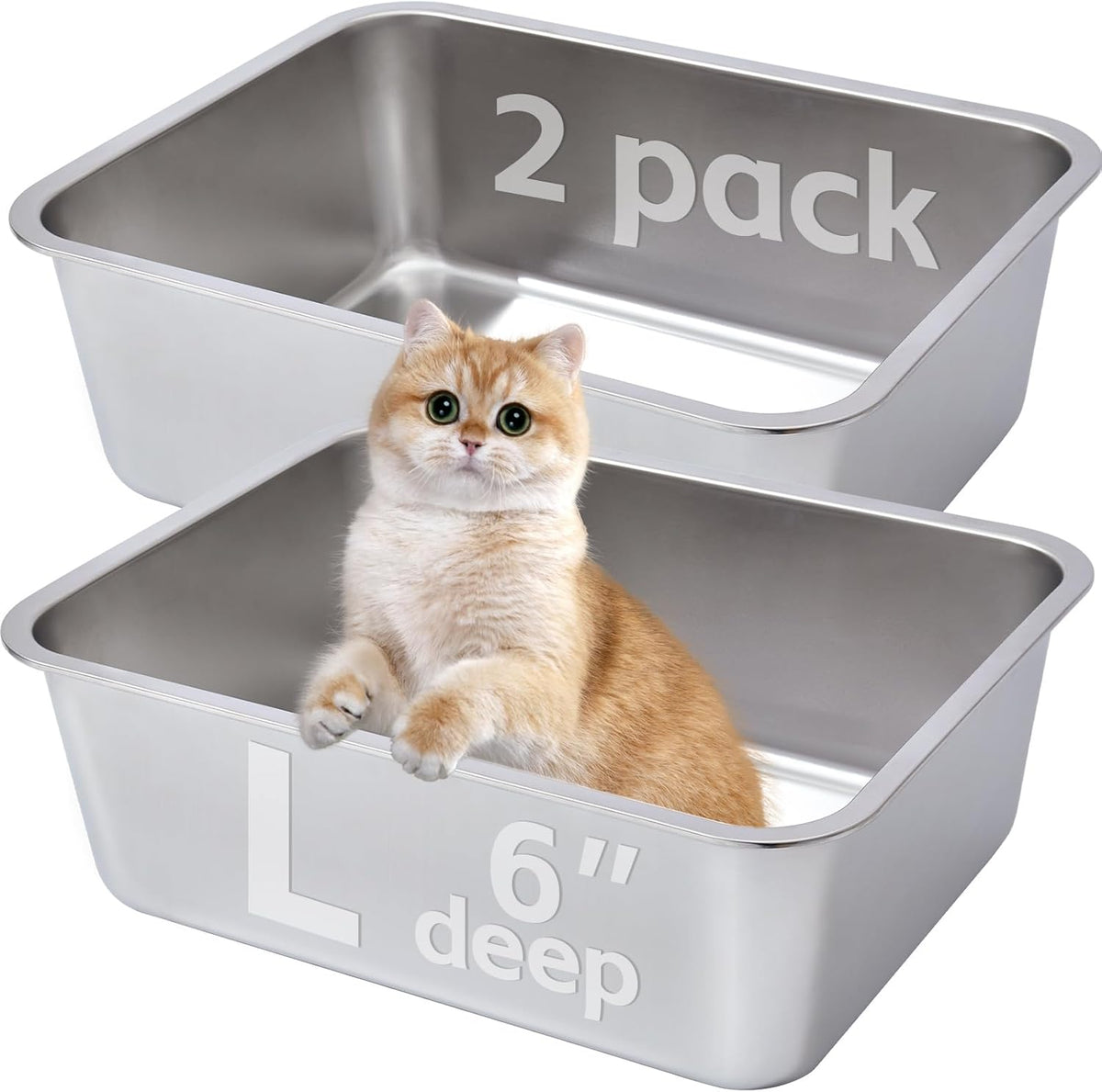 Stainless Steel Litter Box 2 Pack，Metal Litter Box Easy to Clean,Cat Litterbox Supplies for Kitten