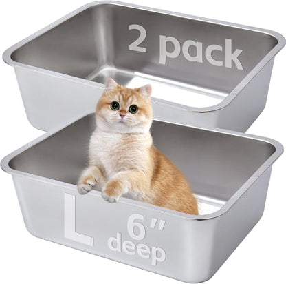 Stainless Steel Litter Box 2 Pack，Metal Litter Box Easy to Clean,Cat Litterbox Supplies for Kitten