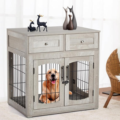 Dog Crate Furniture for Large Dogs, Wooden Dog Kennel Indoor with Double Doors, Dog Cage with