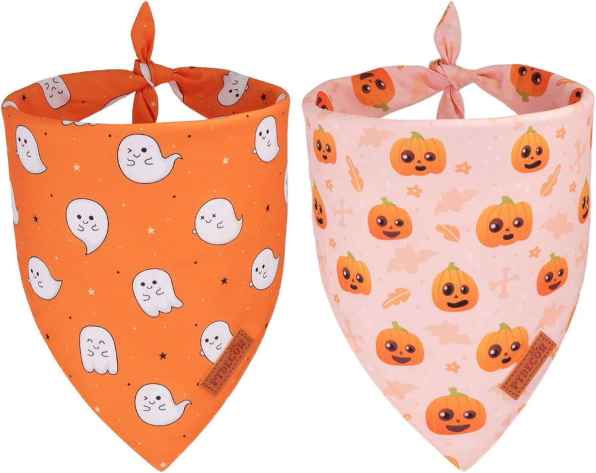PTDECOR Halloween Dog Bandana, Cute Ghost Pumpkin Design Reversible Holiday Pet Scarf, Adjustable